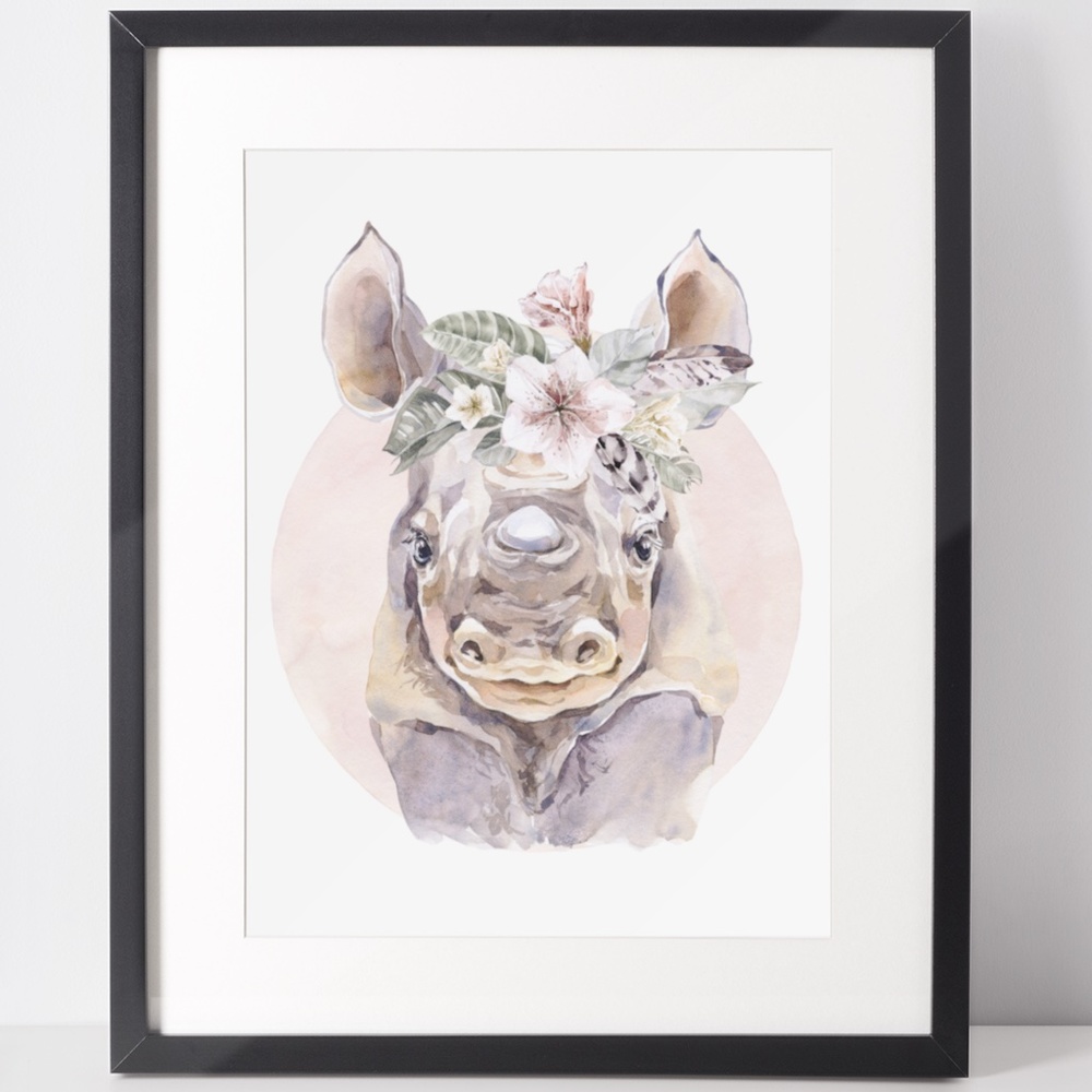 Watercolor Floral Rhino Wall Art Illustration Print Poster Card Unframed - Picture 2 of 8